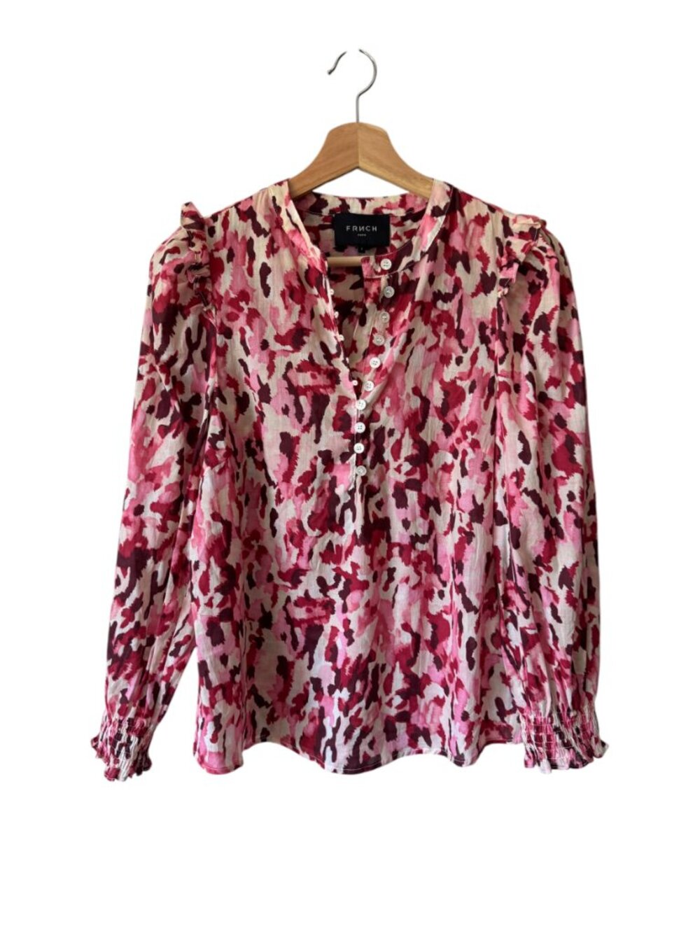 FRNCH Paris Abstract Animal Print Top Sm Smocked Cuffs Ruffle Shoulders Feminine